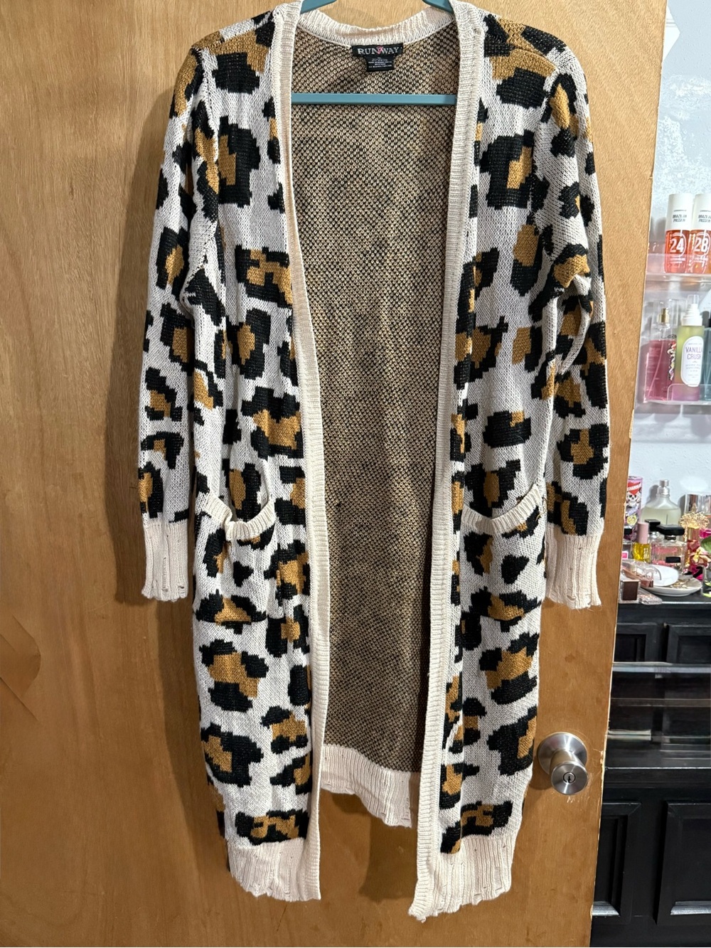 Runway Open-Front Leopard Longline Cardigan in Cream, Black & Mustard